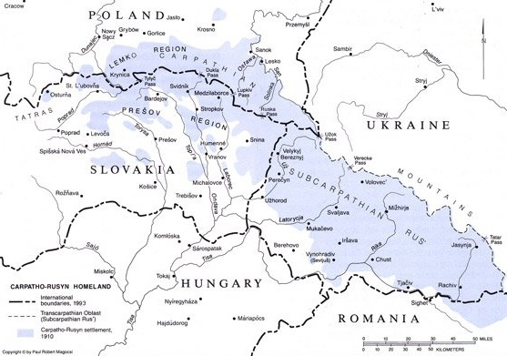 Mapa území s největším počtem Rusínů